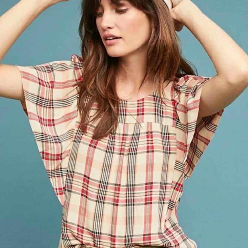 Anthropologie Plaid Blouse in Red and Cream
